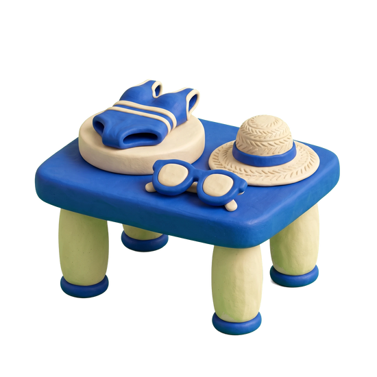 Swimwear store illustration in blue and ivory clay
