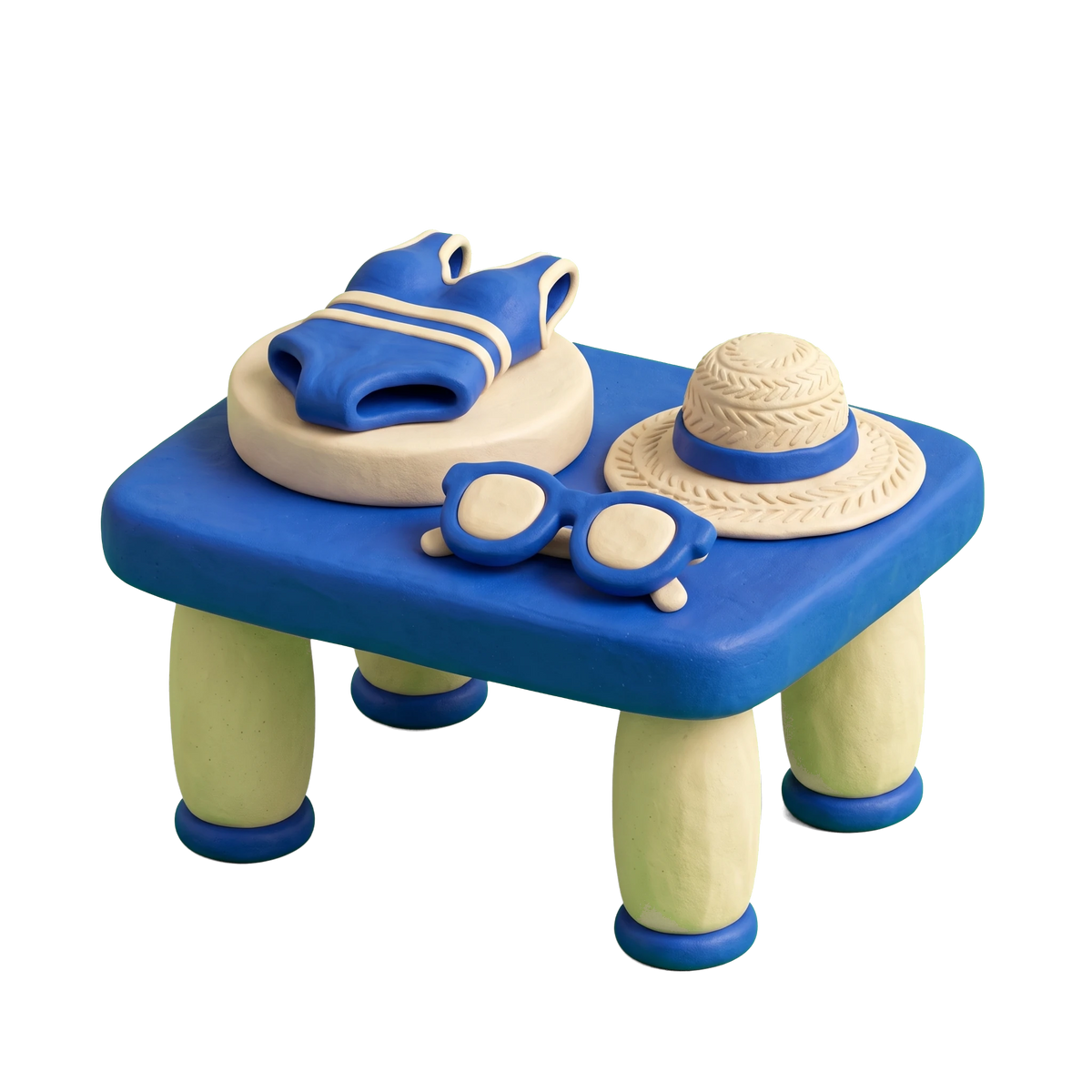 Swimwear store illustration in blue and ivory clay