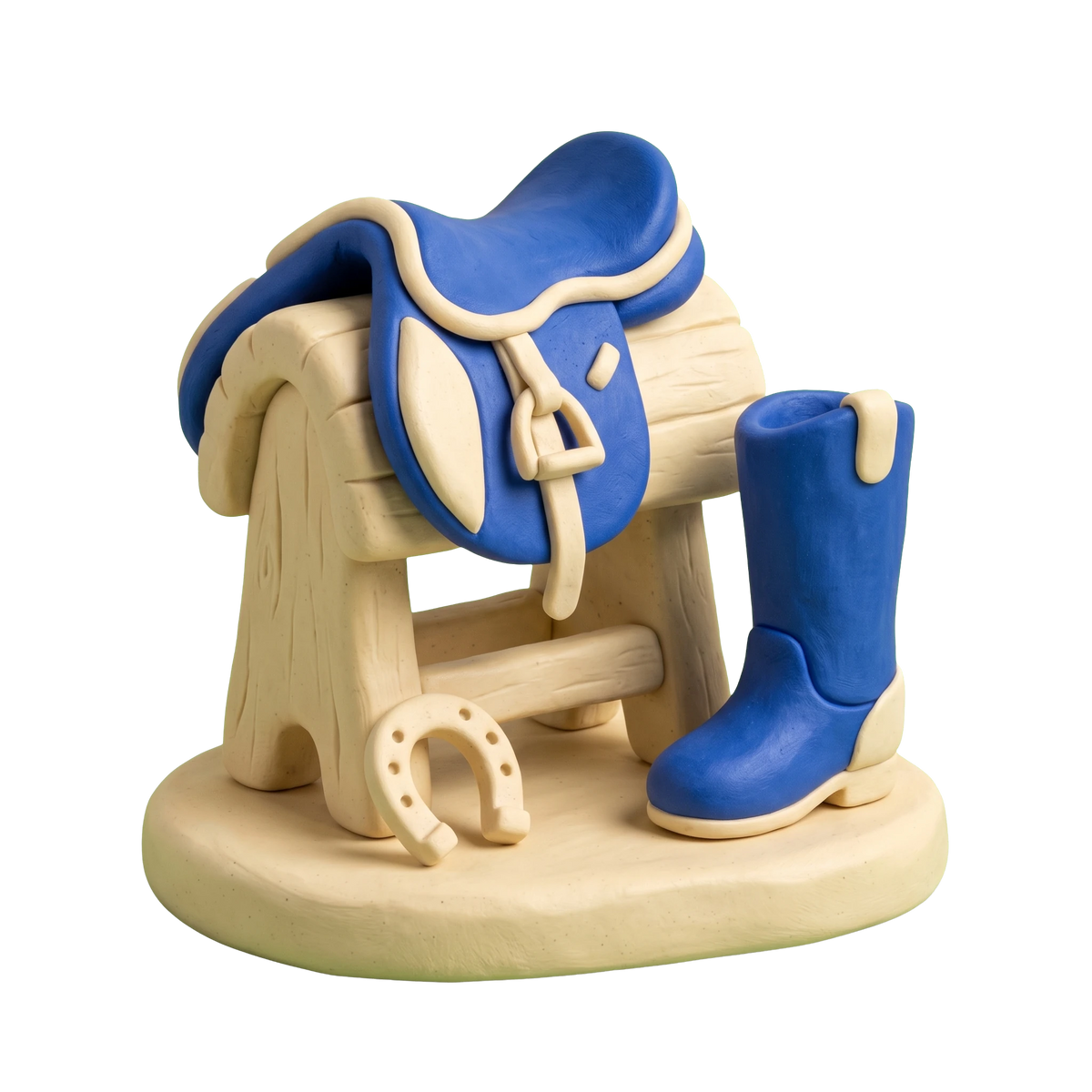 Tack shop illustration in blue and ivory clay
