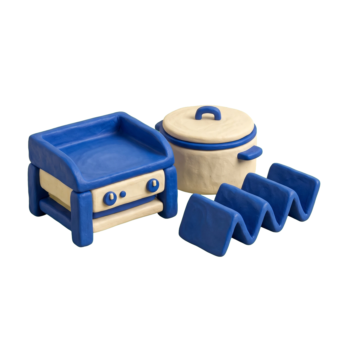 Taco restaurant illustration in blue and ivory clay