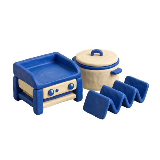 Taco restaurant illustration in blue and ivory clay