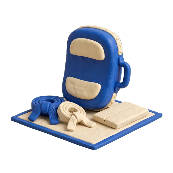 Taekwondo school illustration in blue and ivory clay