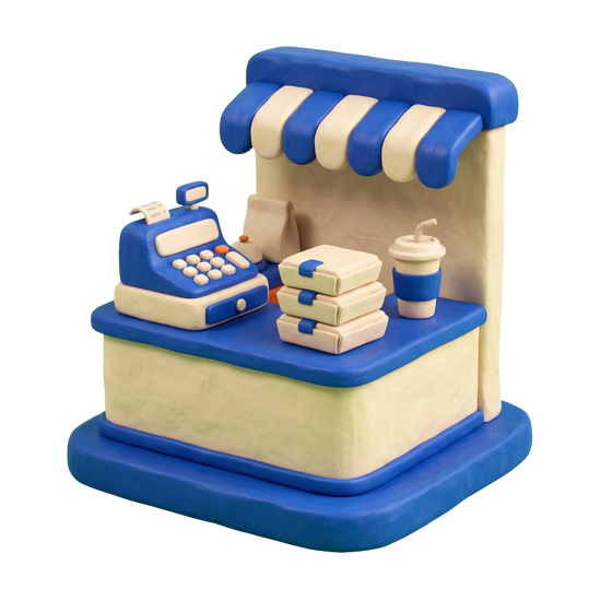 Takeout restaurant illustration in blue and ivory clay