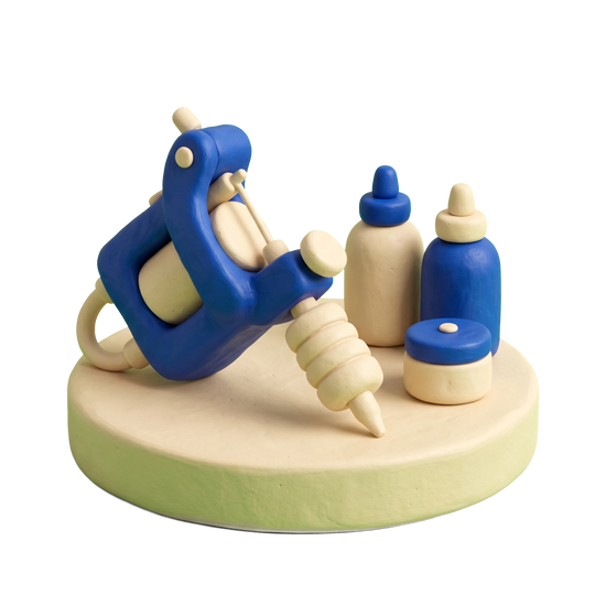 Tattoo artist illustration in blue and ivory clay