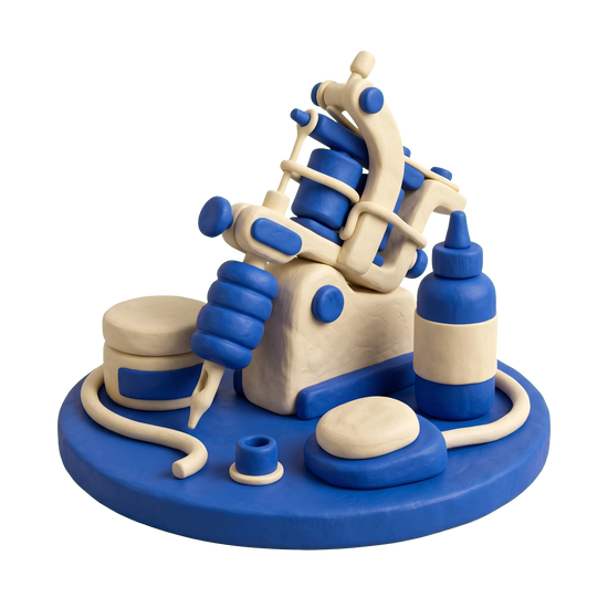 Tattoo shop illustration in blue and ivory clay