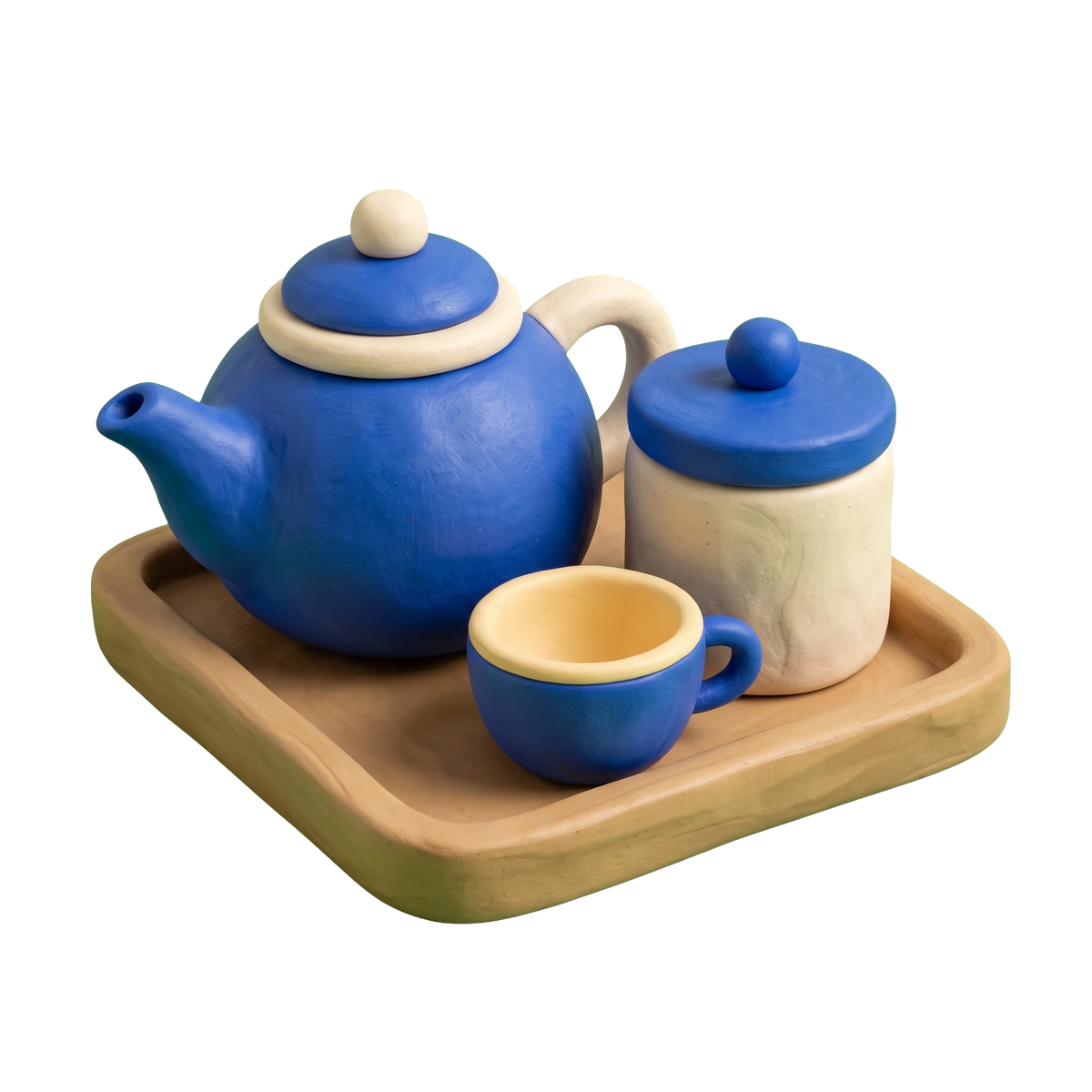 Tea house illustration in blue and ivory clay