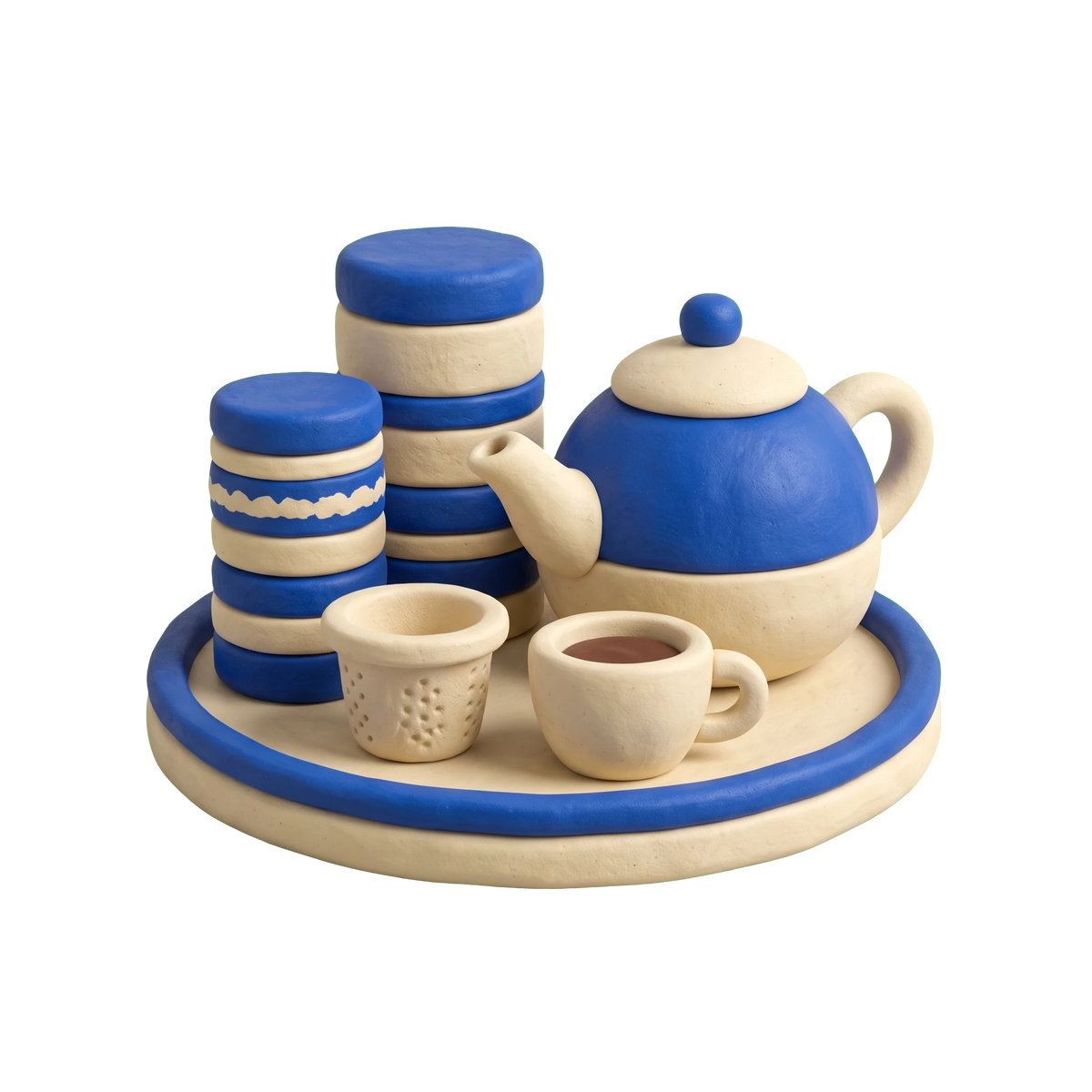 Tea store illustration in blue and ivory clay