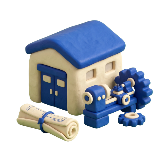 Technical school illustration in blue and ivory clay