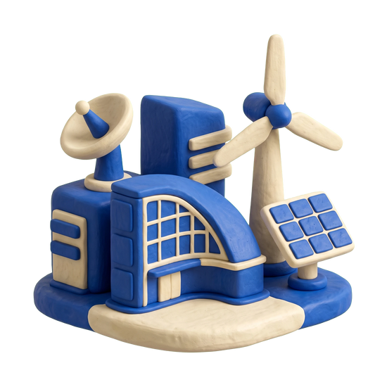 Technology park illustration in blue and ivory clay