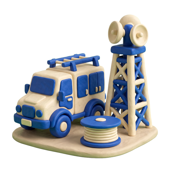 Telecommunications contractor illustration in blue and ivory clay