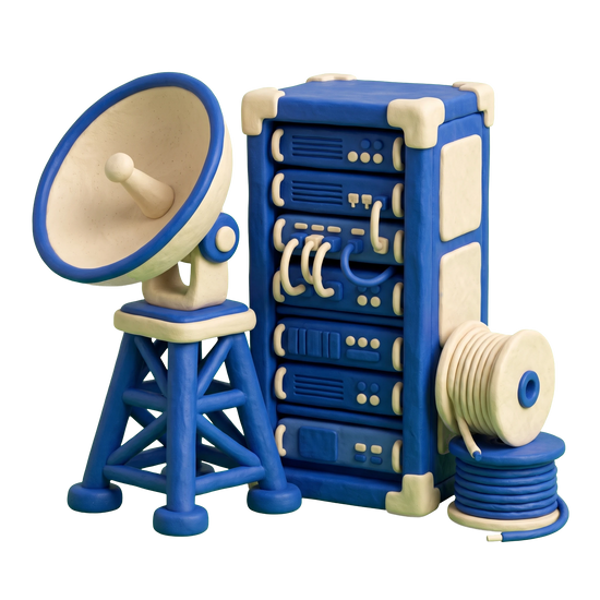 Telecommunications equipment supplier illustration in blue and ivory clay