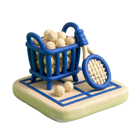 Tennis instructor illustration in blue and ivory clay