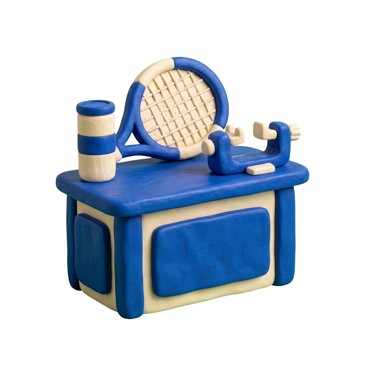 Tennis store illustration in blue and ivory clay