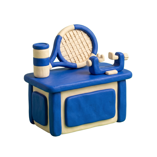 Tennis store illustration in blue and ivory clay