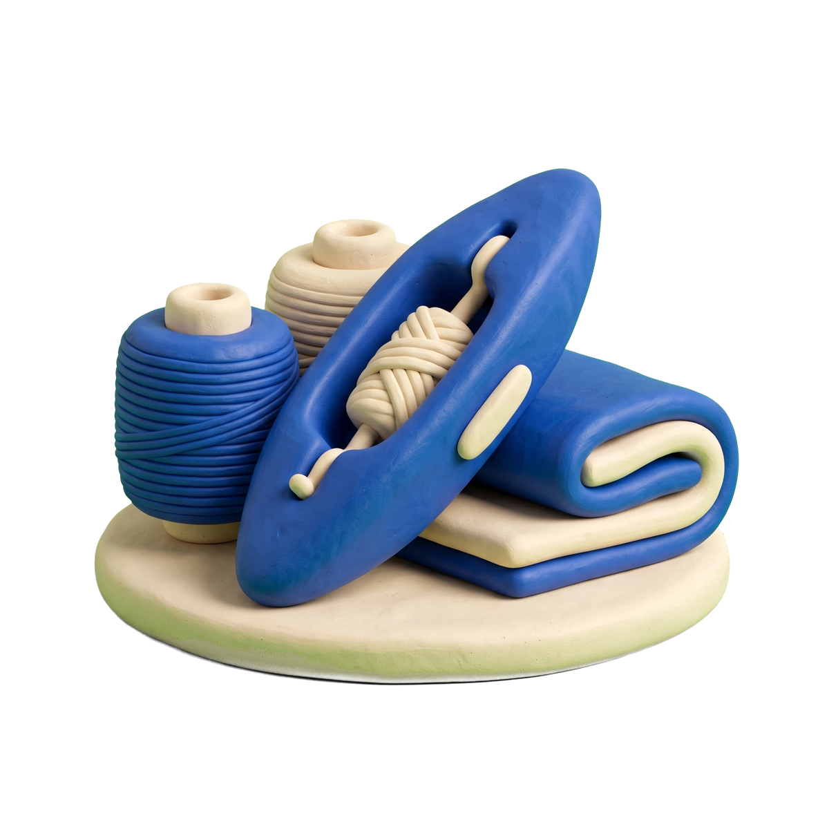 Textile mill illustration in blue and ivory clay