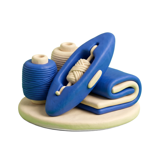 Textile mill illustration in blue and ivory clay