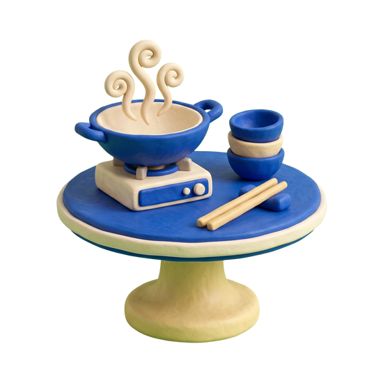 Thai restaurant illustration in blue and ivory clay