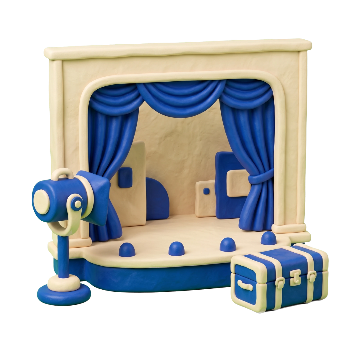 Theater company illustration in blue and ivory clay