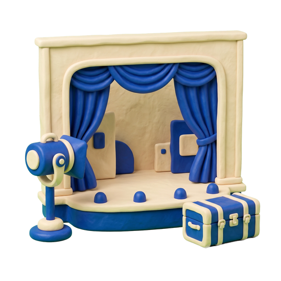 Theater company illustration in blue and ivory clay