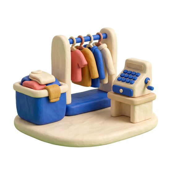 Thrift store illustration in blue and ivory clay