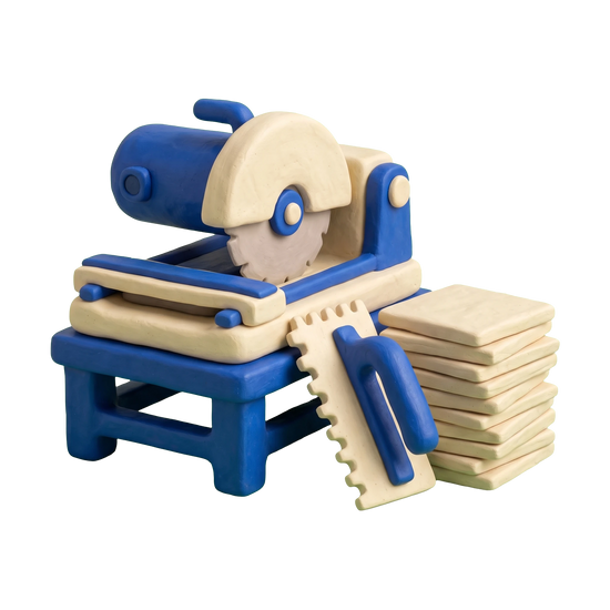 Tile contractor illustration in blue and ivory clay