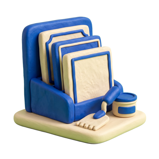 Tile store illustration in blue and ivory clay