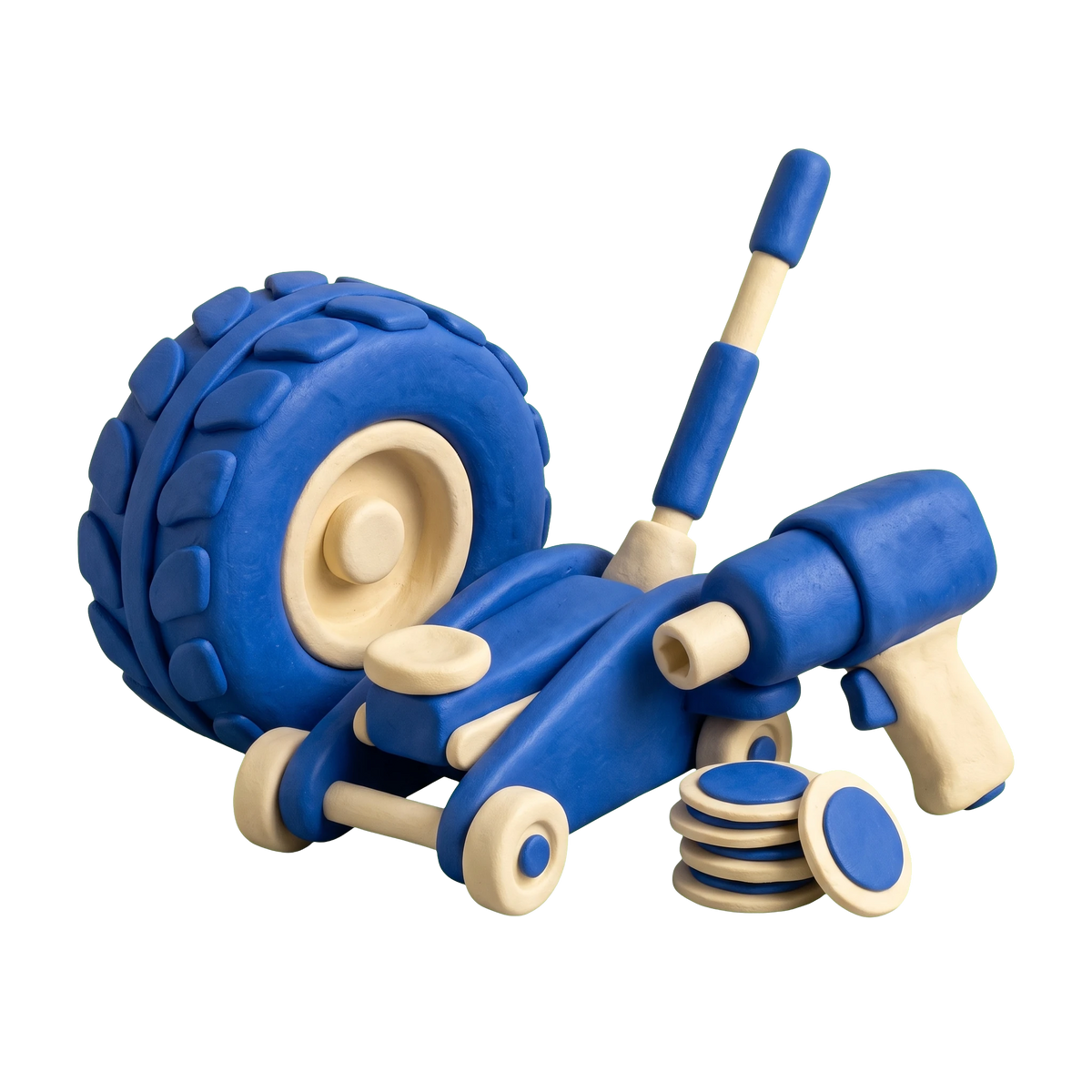 Tire repair shop illustration in blue and ivory clay