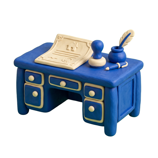 Title company illustration in blue and ivory clay