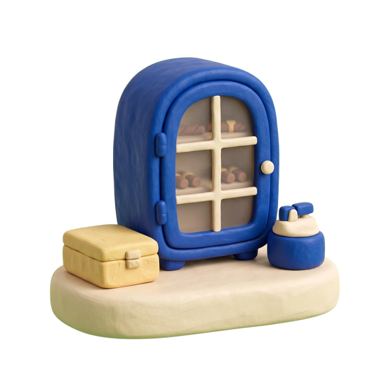 Tobacco shop illustration in blue and ivory clay
