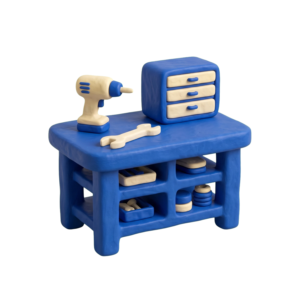 Tool store illustration in blue and ivory clay