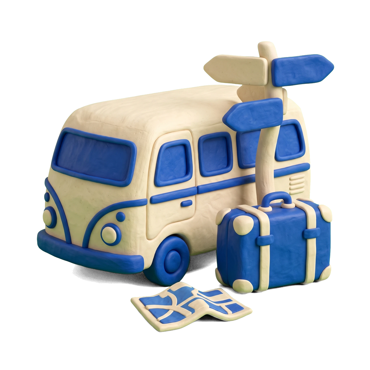 Tour operator illustration in blue and ivory clay