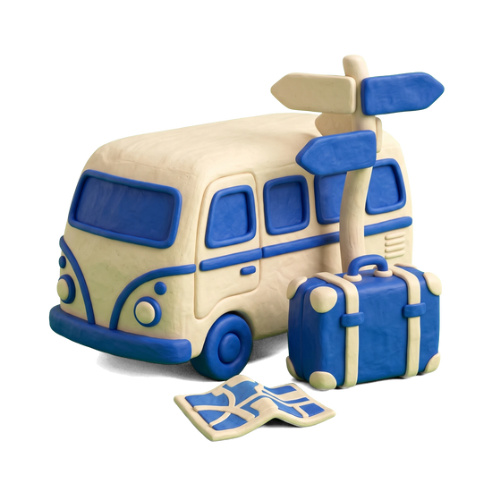 Tour operator illustration in blue and ivory clay