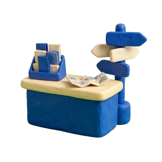Tourist information center illustration in blue and ivory clay