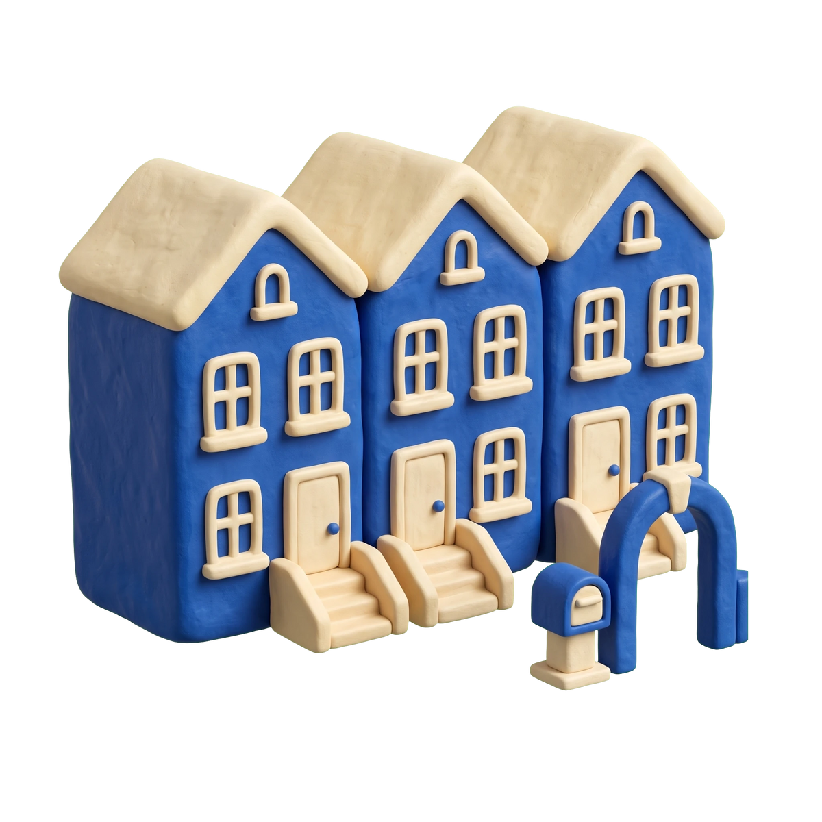 Townhouse complex illustration in blue and ivory clay