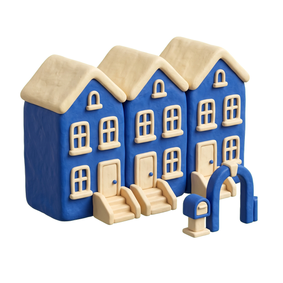 Townhouse complex illustration in blue and ivory clay