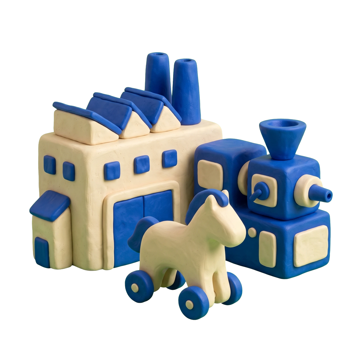 Toy manufacturer illustration in blue and ivory clay