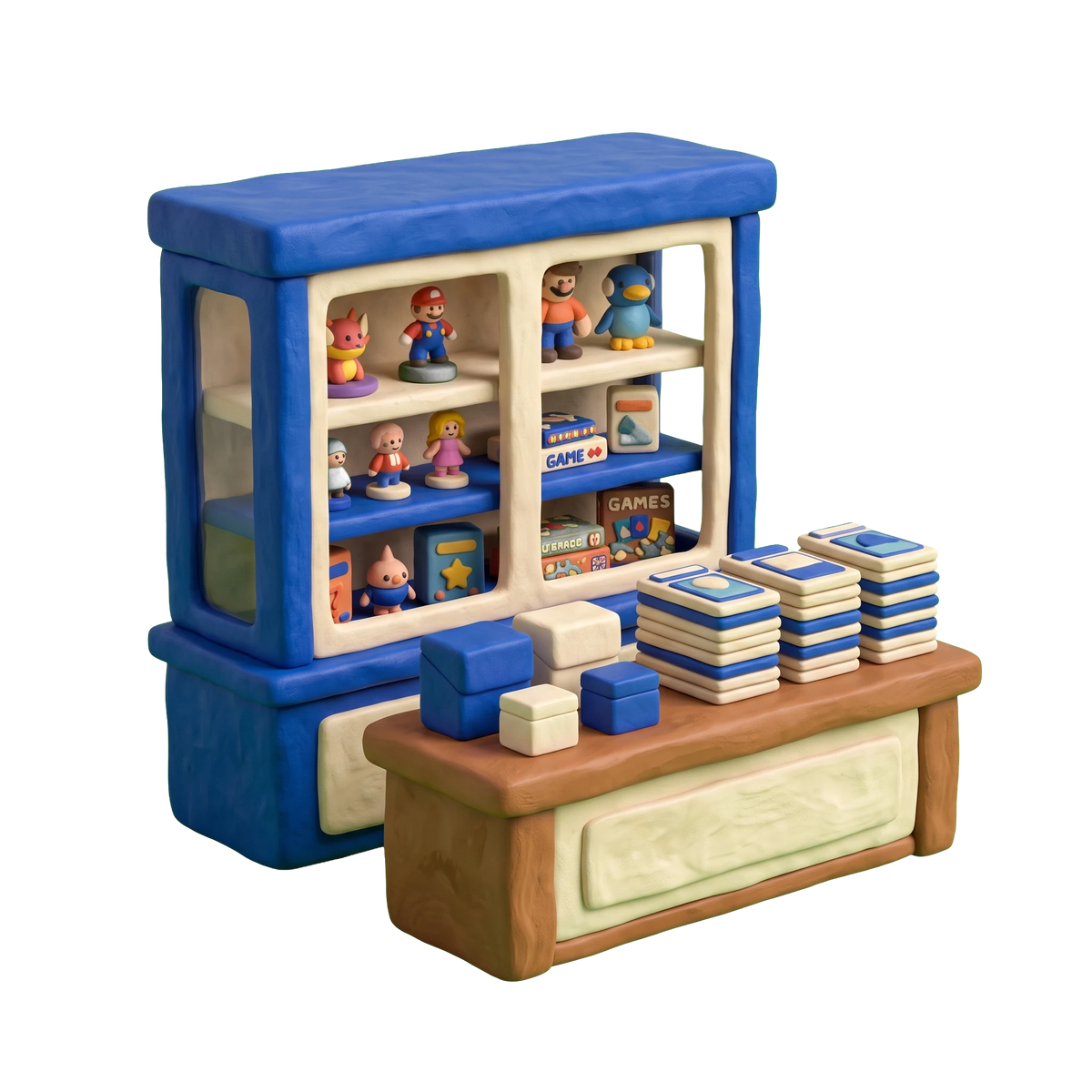 Trading card store illustration in blue and ivory clay