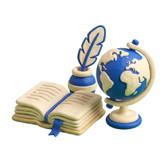 Translation service illustration in blue and ivory clay