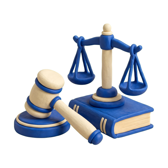 Trial attorney illustration in blue and ivory clay