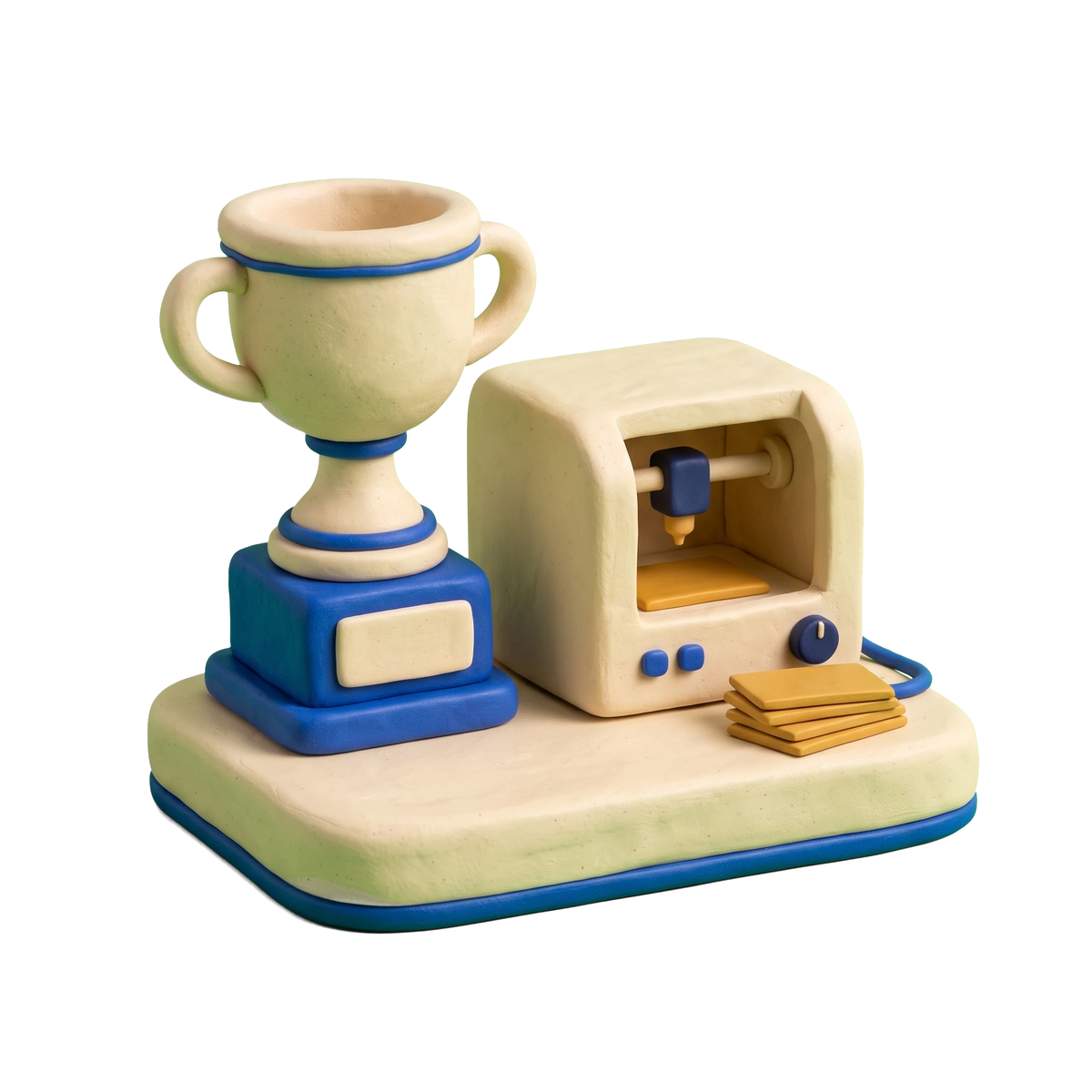 Trophy shop illustration in blue and ivory clay
