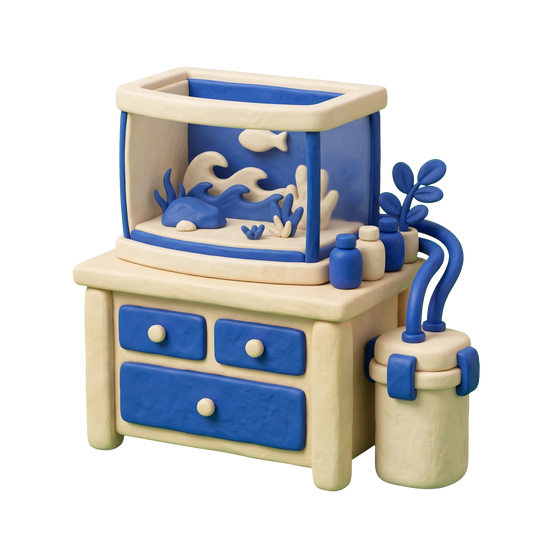 Tropical fish store illustration in blue and ivory clay