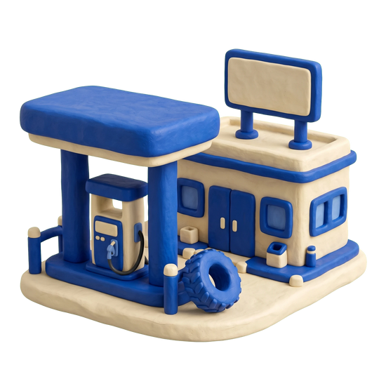 Truck stop illustration in blue and ivory clay