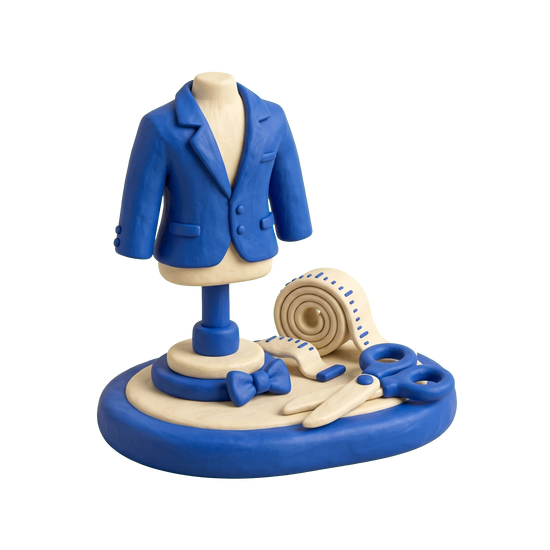 Tuxedo shop illustration in blue and ivory clay