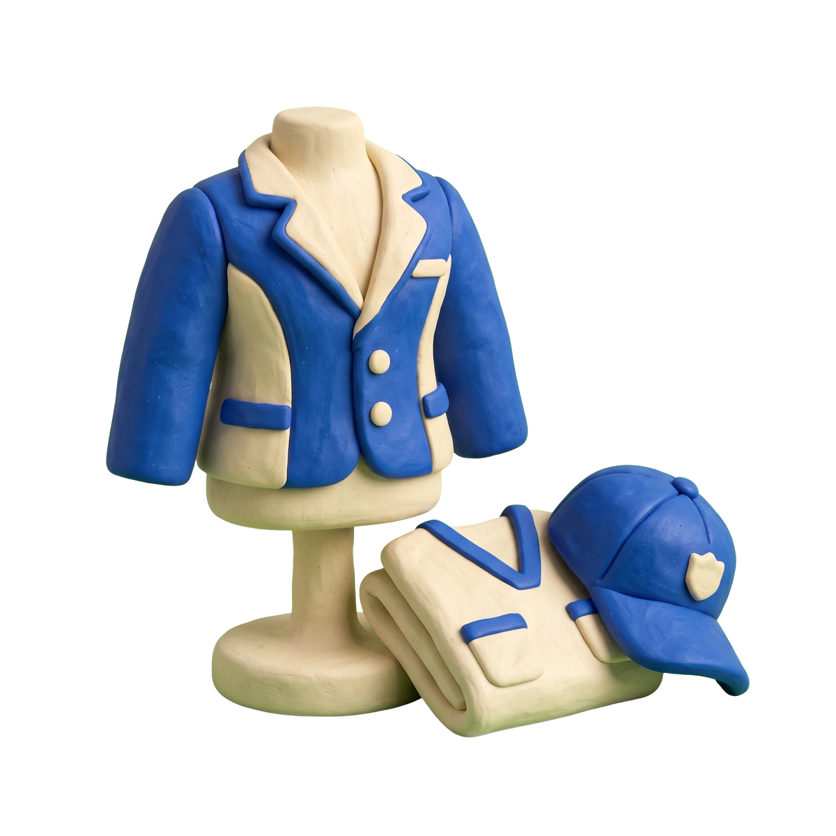 Uniform store illustration in blue and ivory clay