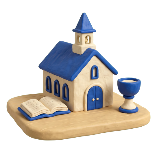 Unitarian Universalist Church illustration in blue and ivory clay