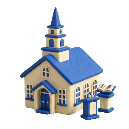 United Church of Christ illustration in blue and ivory clay
