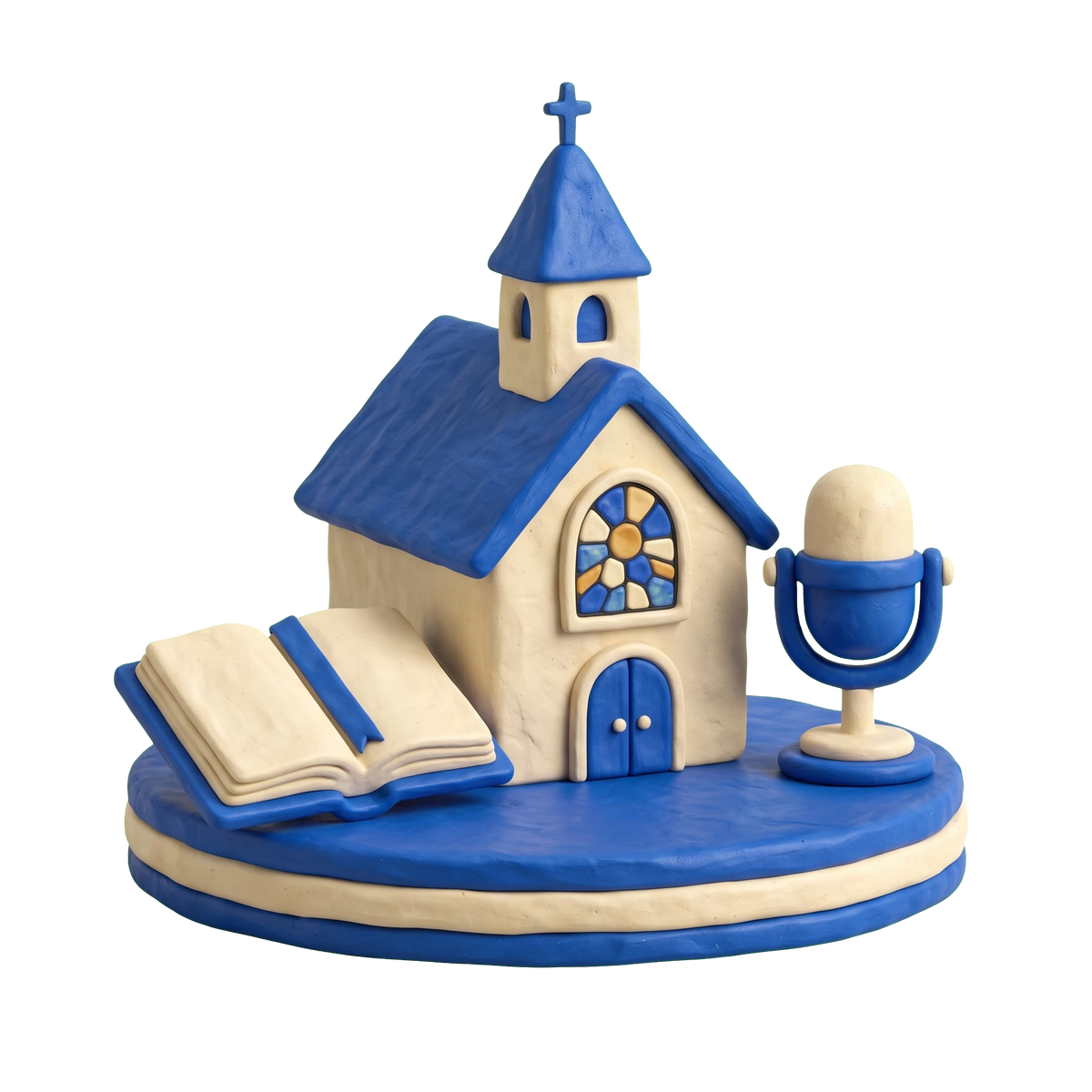 United Methodist church illustration in blue and ivory clay