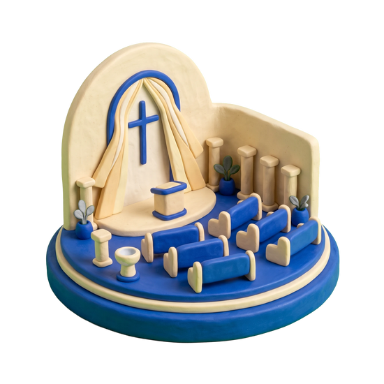 Unity church illustration in blue and ivory clay