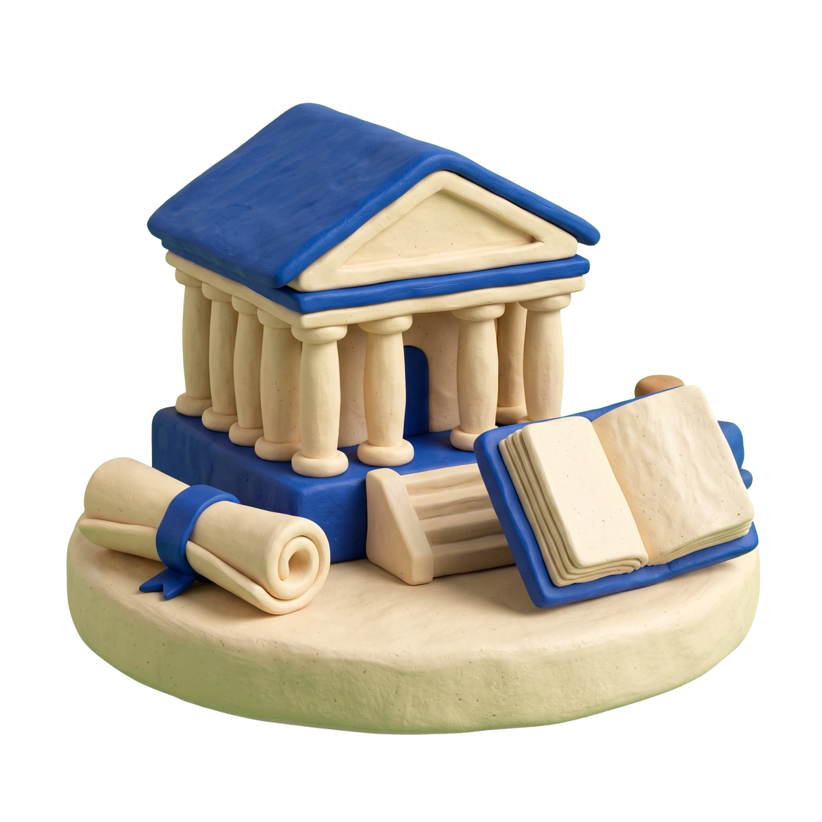 University illustration in blue and ivory clay