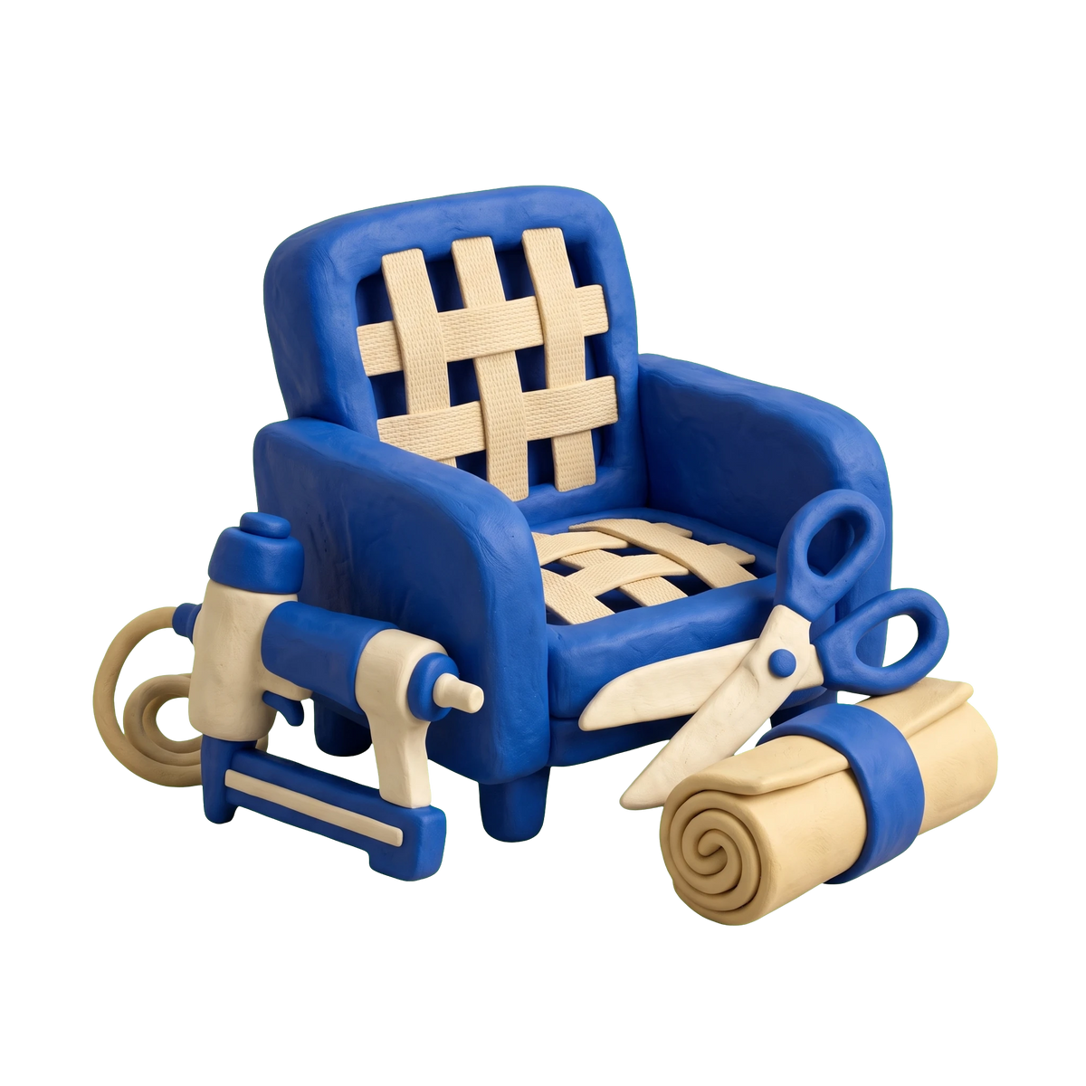 Upholstery shop illustration in blue and ivory clay